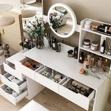 fufu a large makeup vanity set dressing table with round lighted mirror standing mirror 6 drawers and cushioned stool set white