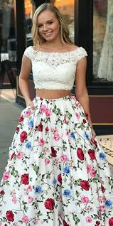 Spice up your wardrobe with our new arrivals! Two Piece Bateau Sweep Train White Printed Satin Prom Dress With Appliques Pockets Lr191 Floral Print Prom Dress Cheap Prom Dresses Long Backless Prom Dresses