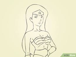 Draw two long, curved lines below the head as guides for wonder woman's neck and shoulders. How To Draw Wonder Woman With Pictures Wikihow