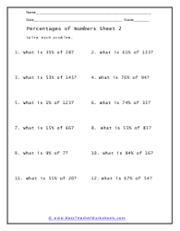 percenes of numbers worksheets