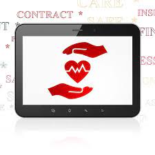 Insurance Concept Tablet Computer With Heart And Palm On Display Stock  gambar png