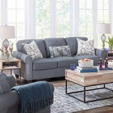 American Furniture Classics Classic Cottage Series Blue Fabric Sofa With Rolled Arms And 3 Accent Pillows