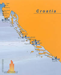 The map uses shaded relief to show elevation, has distances between major road junctions, and uses symbols to locate tourist sites and services. Barone Yachting Croatia Yacht Charter Croatia Itinerary From Split