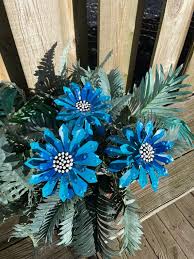 Set Of Three Blue Metal Zinnia Flower