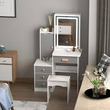 fufu a 4 drawers white wood makeup vanity sets dressing table sets with stool mirror led light door and storage shelves