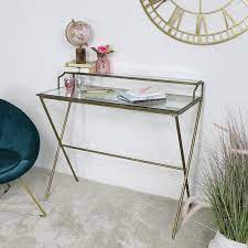 Metal desk etagere bookcase features two drawers and shelving that brings storage and organization to small space living intelligently using vertical space, perfect for books, collectibles and accents gold finished powder coated metal frame is durable and contrasts beautifully with the white finished drawers and shelving included is 1 desk. Gold And Glass Metal Desk
