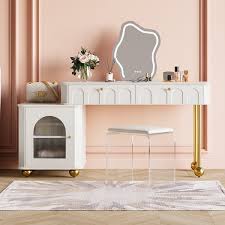 modern white makeup vanity set dressing table with lighted mirror cabinet stool