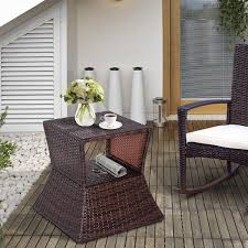 Outsunny Wicker Rattan Outdoor Patio Side Table With Umbrella Hole