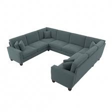 bush furniture stockton u shaped sectional couch 123w turkish blue herringbone