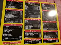 menu at choo choo bar b que ringgold