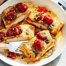 pan seared fish with basil oil cherry