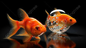 two goldfish are swimming on a black