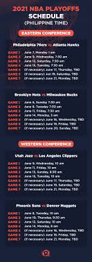 The phoenix suns and utah jazz have identical records and sit atop the standings, but the denver nuggets and los angeles clippers aren't far behind them. Schedule 2021 Nba Playoffs Conference Semifinals Philippine Time