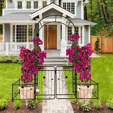 Sudzendf 6 6 3 Ft Wide X 7 2 Ft Metal Black Garden Arch Trellis With Gate High Climbing Plants Support Rose Arch Outdoor Blacks