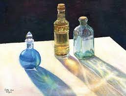 Glass Bottles In Sun Art Watercolor