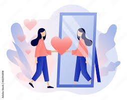 Love yourself. Love your body. I love myself. Bodypositive concept. Tiny  lady looks at her reflection in mirror, expressing self love and care.  Modern flat cartoon style. Vector illustration Stock Vector |