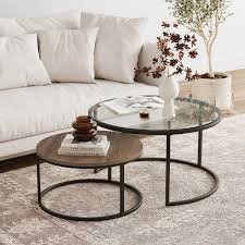 Nathan James Stella Round Nesting Coffee Table Set Of 2 Glass Wood Finish And Metal Frame Oak Glass Black