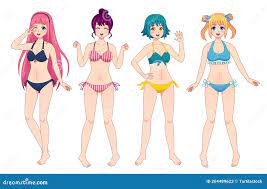 Anime Manga Girls in Bikini. Group of Kawaii Female Japanese Comic  Characters in Swimsuits Stock Vector - Illustration of female, game:  204489623