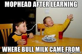 Mophead after learning Where bull milk came from - Kids spit milk | Meme  Generator