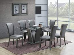 The ulysses dining table features a unique gray glass over walnut wood veneer top with undercut edges. Modern Grey 7 Piece Glass Top Dining Set Poundex F2483