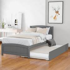Urtr Gray Twin Size Trundle Platform Bed With Pull Out Trundle Wood Bed Frame With Headboard No Box Spring Need
