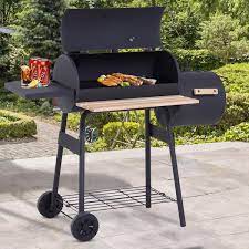 outsunny 48 in steel portable backyard charcoal bbq grill and offset smoker combo in black with wheels and 2 storage shelves