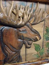 Intarsia Wood Art Bull Moose Head Log