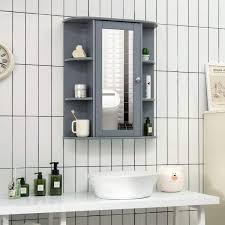 Bathroom Cabinet Single Door Shelves Wall Mount Cabinet W Mirror Grey
