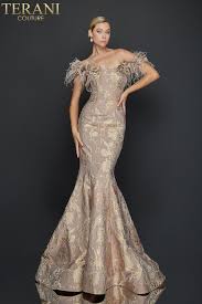Striking Flower And Feather Strapless Evening Gown