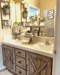 Using double sink vanity means two vanities are placed adjacent to one another and there is slight empty area between the placements of the sinks. 32 Trendy Farmhouse Bathroom Vanity Ideas