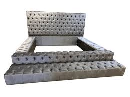 Grey Tufted King Size Bed With Matching
