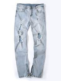 Men Ripped Jean Destroyed Zipper Decor Light Blue Straight Leg Denim Jean Pant