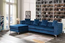 Lilola Home Ryan Deep Blue Velvet Reversible Sectional Sofa Chaise With Nail Head Trim