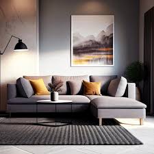 grey sofa with beige carpet and wall in