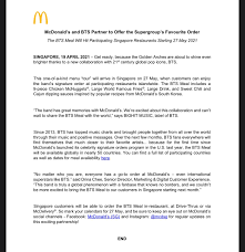 The news was shared via mcdonald's singapore's social media pages yesterday (monday, may 24). Xavier Lur On Twitter New Mcdonald S Bts Meal Coming Soon On 27 May The Bts Meal Consists Of A 9 Piece Chicken Mcnuggets Large World Famous Fries Large Drink Sweet Chili And Cajun