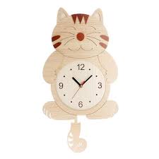 Wooden Wall Clock Cat Dog Swinging