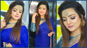 blue smokey makeup look saree makeup