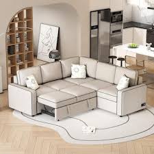 83 L Shaped Modern Linen Sectional Sofa Convertible Sleeper Sofa In Cream With Usb Ports Power Sockets And 3 Pillows