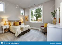 Guest Modern Bedroom Interior With Grey Walls And Orange