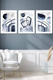 Set Of 3 White Framed Abstract Navy