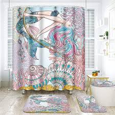 4 pcs shower curtain set mermaid pink