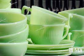 Vintage Green Glass Dishes Displayed