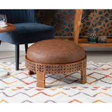 Powell Company Murphy Brown Faux Leather Round Ottoman With Mangowood Base