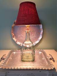 Glass Bottle Lamp W Red Burlap