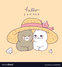 cartoon cute summer cat couple and hat