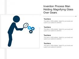 Invention Process Man Holding Magnifying Glass Over Gears
