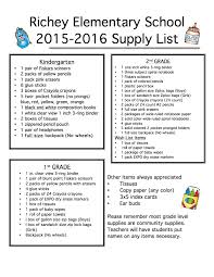 2015 2016 School Supply List Richey Elementary