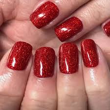 red glitter nails square short glossy