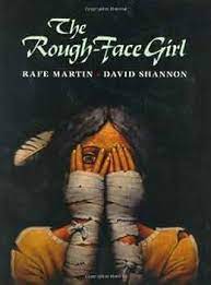 The Rough-Face Girl. Picture of a girl with a feather in her hair, covering her face, with her right eye peeking out.