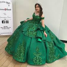 Whether it's for your sweet 16 or your upcoming wedding, we offer a large selection of ball gowns in many different styles, colors. Emerald Green Ball Gown Vestidos De Quinceanera Dresses Lace Ruffle Bling Satin Off The Shoulder Sweet 16 Dress Prom Graduation Dresses From Lovebridals1 144 07 Dhgate Com